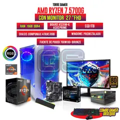 AMD - PC GAMER RYZEN 7 5700G MONITOR 27" FHD 16GB RAM SSD 1TB CHASIS 4 FANS RGB