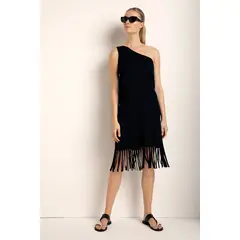 TOUCHE BALNEAIRE - Vestido corto de un hombro en tejido con textura y flecos