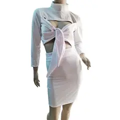 VIA7 - Conjunto o set de blusa cuello alto amarre busto y falda ajustada