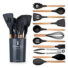 GENERICO - Juego utensilios cocina silicona x12 sin bpa mango madera