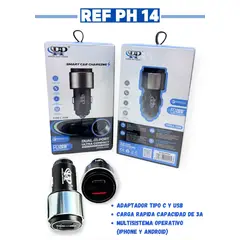 GENERAL - CARGADOR PYP PARA CARRO DOBLE PUERTO USB +TPC CARGA RAPIDA QUALCOMM