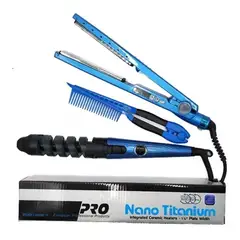 NANO TITANIUM - Combo Plancha + Rizador + Peinilla Color Azul
