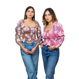 FREYDA - Blusa Verano Encauchada Floral Manga Larga