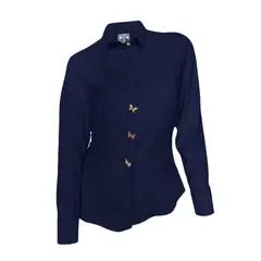 SON DOS - Camisa blusa azul oscura lino botonadura escondida manga larga mujer
