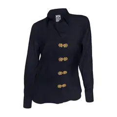 SON DOS - Camisa blusa negra botones pasamanería 100% lino elegante mujer