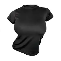 FITNESS - Camiseta Manga Corta Para Mujer Licra Negra Ceñida Elástica Ajustada.