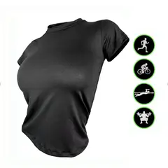 SPORT - Lycra Elástica Para Mujer Camiseta Manga Corta Negra Deportiv Ajustada_..