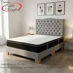 ESTILO Y CONFORT - Combo Basecama+Cabecero Capitoneado Tela Gris Especial+Colchon Ortopedico Resortado120x190