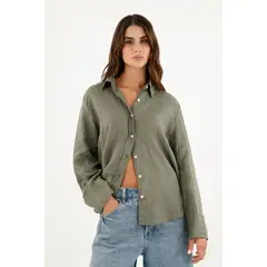 TENNIS - Camisa verde en 100% lino manga larga para mujer