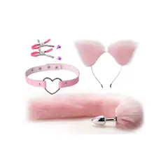 DISTRISEX - Plug cola de zorro con orejas kit x 4 piezas Rosado