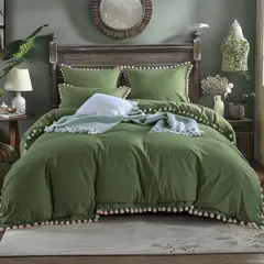 KARYTEX - Funda Duvet Liso Cama King Color Verde Militar - Borlas Beige.