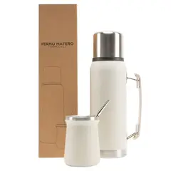 GENERICO - Termo Mate 1 lt + Mate Con Bombilla Acero Inoxidable - Crema-.-