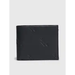 CALVIN KLEIN - Billetera negra de cuero con compartimento para billetes RFID con logo