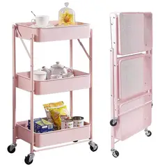 GENERAL - Organizador Carro Multiuso Plegable 3 Niveles Con Ruedas Rosa