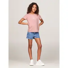 TOMMY HILFIGER - Camiseta Niña Rosada Corte Slim Con Logo Aterciopelado
