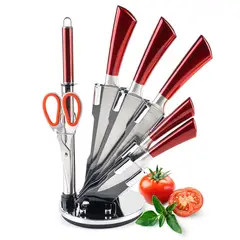 CHEF MASTER - Juego de Cuchillos Cocina 8 Pzas Acero Inoxidable y Afilador Rojo