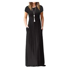 VIA7 - Vestido largo manga corta de bolsillos para mujer nuevo negro
