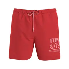 TOMMY HILFIGER - Pantaloneta De Baño Roja Con Logo y Cordón
