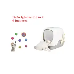 HALLY PET - Combo Baño arenero con filtro mas 6 juguetes para gato Gris