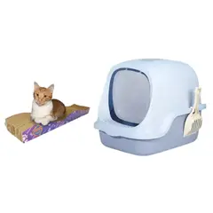 HALLY PET - Combo Baño arenero Celeste con filtro mas rascador ondas