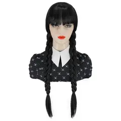 GENERICO - Peluca Merlina Locos Adams Trenzas Largas Disfraz Halloween