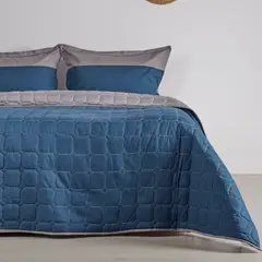 DISTRIHOGAR - Cubrelecho Bicolor Doble Faz 150 Hilos Poli Gris Azul Doble
