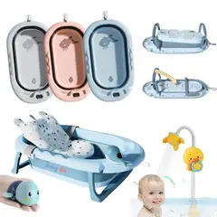 BABY ON - Bañera Tina Para Bebe Plegable Termometro+Cojín+Ducha Azul