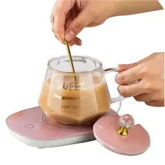 ONE PIXEL - Taza De Vidrio Calentador Electrico Resiste Calor Con Cuchara Rosa