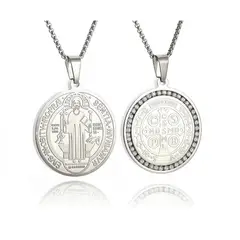 ALHAJAS - Collar Cadena Dije San Benito Para Mujer O Hombre En Acero Inoxidable