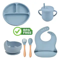 BOOGY - Set 7 piezas Vajilla alimentacion silicona para bebe Azul