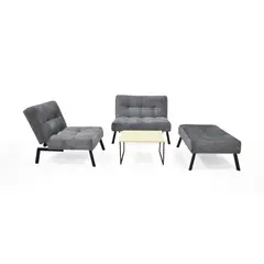 VENECIA - Sala con Sofá y Poltrona Reclinable 2P + Puff Tela Gris y Mesa Centro