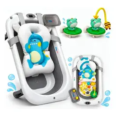 BABY ON - Bañera Plegable con Ducha Eléctrica Recargable + 6 Cabezales Agua Termómetro y Accesorios