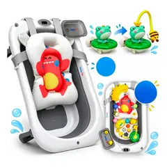 BABY ON - Bañera Plegable con Ducha Eléctrica Recargable + 6 Cabezales Agua Termómetro y Accesorios