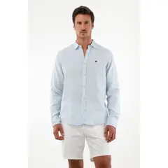 TENNIS - Camisa azul en lino para hombre
