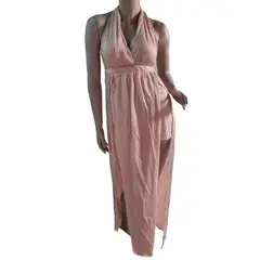 VIA7 - Vestido largo americano rosa escote busto V y en las piernas