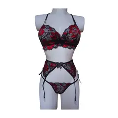 GENERICO - Conjunto sensual ropa interior encaje con liguero tanga hilo Sexy