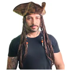 GENERICO - Sombrero Peluca Pirata Jack Sparrow 3 Puntas Caribe Disfraz