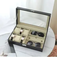 GENERICO - Estuche organizador de 6 relojes ,3 gafas en cuero sintético