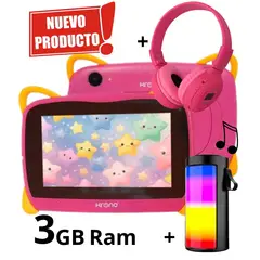 KRONO - Tablet 3GB RAM 7 Pulgadas Niños Android 13 32GB Wifi + Parlante + Diadema ROSADO.