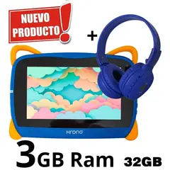 KRONO - Tablet 3GB RAM 7 Pulgadas Niños Android 13 32GB Wifi + Diadema Azul.