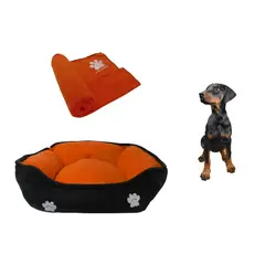 HALLY PET - Cama Mediana Doble Faz + Cobija Grande Naranja