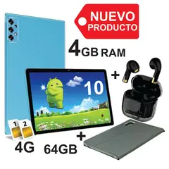 KRONO - Tablet 10 Pulgadas 4GB RAM Doble SIM Android 14 64GB + Audífonos Azul