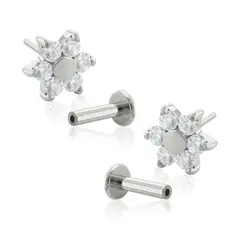 AGHA JEWELRY - Titanio Aretes Piercing Pin a Presión Hexaflower con Flat de Centro Cristal Zirconia para lóbulo
