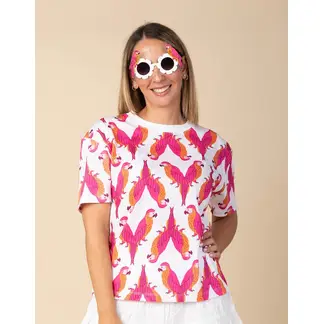 DOSOJOS - Camiseta unisex en algodón peruano estampado loros rosados