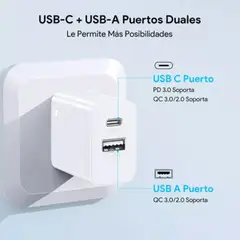 1 HORA - Cargador doble puerto, usb 20W, salida tipo C 15W carga rapida