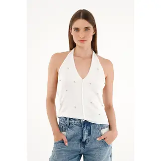 TENNIS - Camiseta tejida crudo con apliques de brillo para mujer
