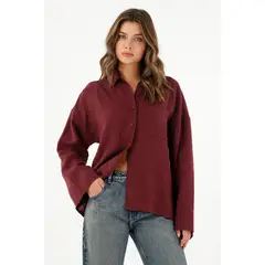 TENNIS - Camisa en 100% lino manga larga roja para mujer