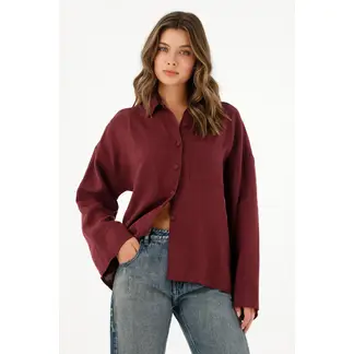 TENNIS - Camisa en 100% lino manga larga roja para mujer