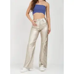 FRIOLENTA - Pantalon Cuerina Momfit Metalizado Dorado