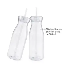 GENERICO - Botella Transparente de Plástico con Pitillo Reutilizable 500 ml